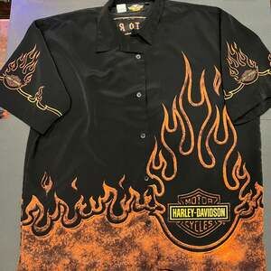 Harley Davidson Motorcycles Black Flame Fire Mens Button Up Shirt Vintage